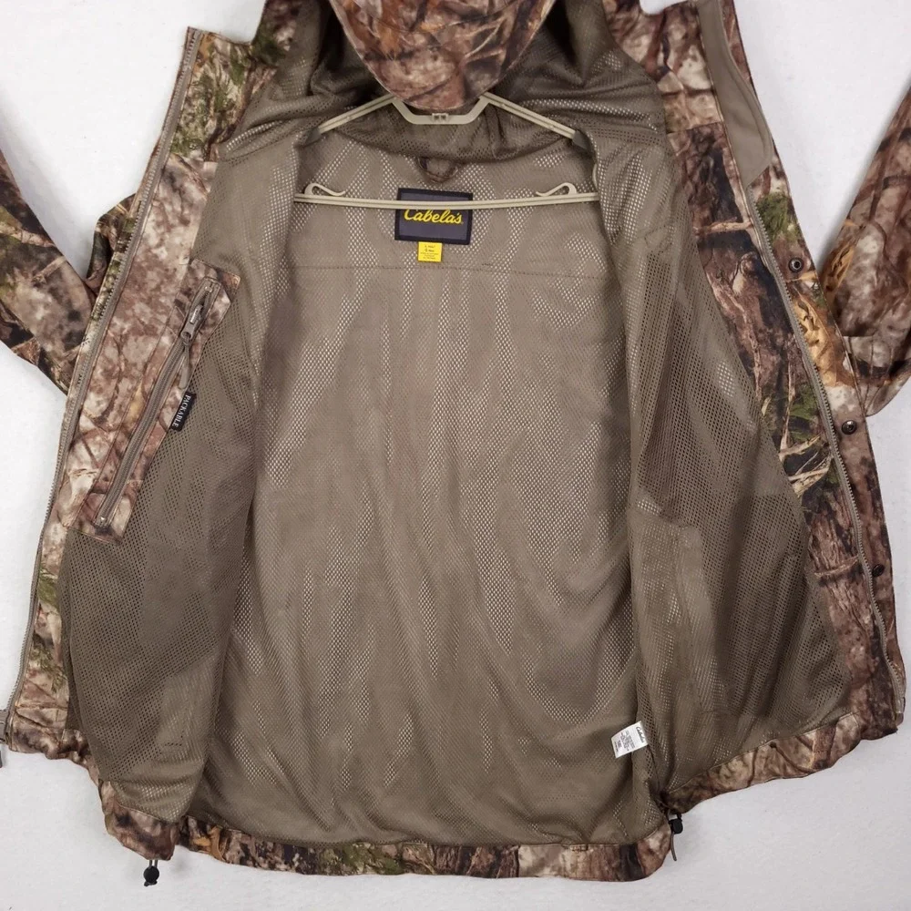 Cabelas ZONZ Woodlands Jacket Mens Camo Packable Hunting Large Brown Hooded Mesh